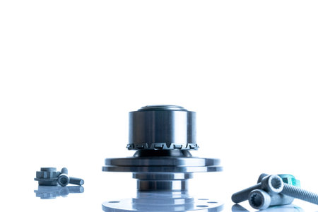 Spare parts. Auto motor mechanic spare or automotive piece on white background. Set of new metal car part. Automobile engine serviceの写真素材