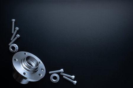 Auto valve. Motor mechanic spare or automotive piece isolated on black background. Set of new metal...