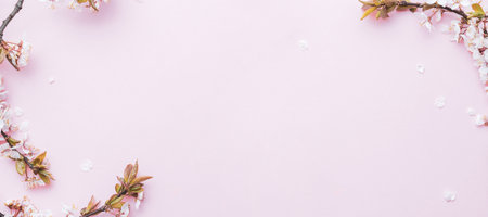 Spring border, spring blossom and April floral nature on pink background. Branches of blossoming apricot macro with soft focus. For easter and spring greeting cards with copy space. Springtimeの写真素材
