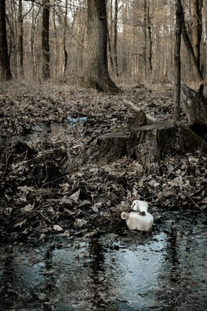 Environmental pollution. Waste rubbish in forest. Plastic garbage trash in woodland. Ecological problem with Empty used dirty plastic bottlesの写真素材