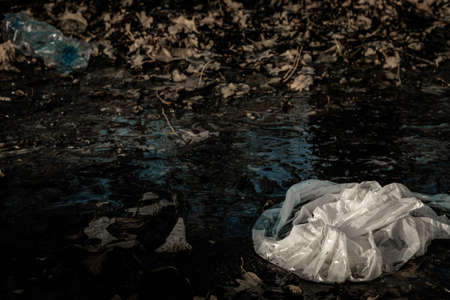 Ecology background. Plastic waste rubbish in forest, woodland. Garbage trash in environment. Empty used dirty bottles. Ecological problemの写真素材