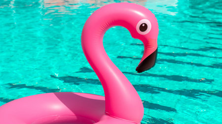 Flamingo icon. Pink inflatable flamingo in pool water for summer beach background. Trendy summer conceptの写真素材