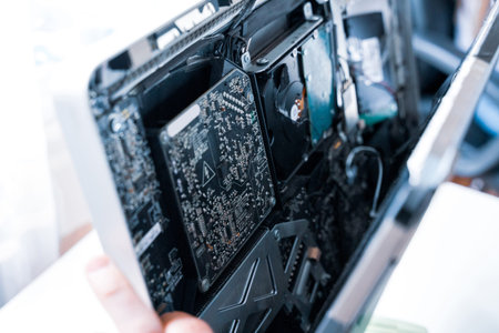 Computer motherboard electronic repair. Hardware service technology from technician engineer man....