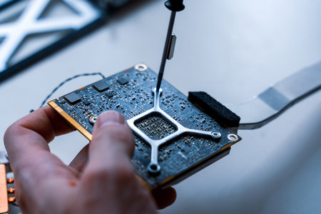 Computer chip electronic repair. Hardware engineer technology maintenance. Man technician pc service