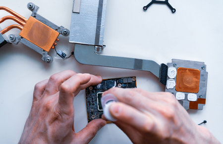 Computer repair hardware technology. Technician electronic pc service from engineer man. Digital chip maintenance. Flat layの写真素材