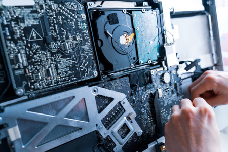 Solutions services electronic hardware. Engineer technician man upgrade and maintenance digital pc....