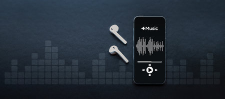 Music banner. Mobile smartphone screen with music application, sound headphones. Audio voice with...