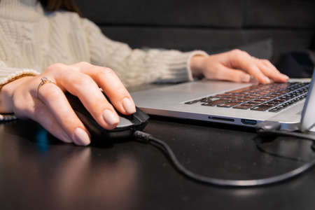 Pc type. Happy freelancer business girl working online, studying and learning online, using notebook. Elearning, connection, meeting online conceptの写真素材