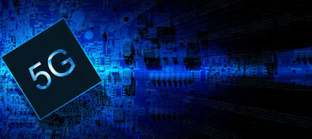 5g mobile. Wireless network business technology with 5g computer chip on digital motherboard background. Smart city, global wireless connect communication network with smartphoneの写真素材