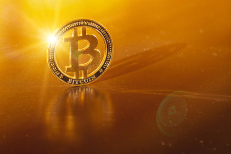 Trade bitcoin. Golden Bit Coin virtual cryptocurrency or blockchain technology. Gold Crypto currency BTC Bitcoin on black background. Block chain, network connect conceptの写真素材