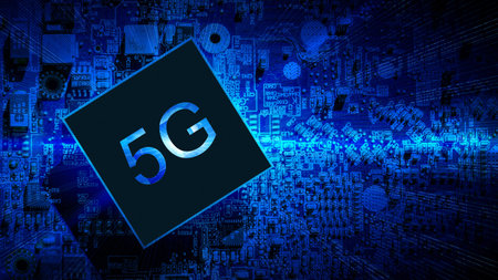 5g data. Digital computer motherboard with 5g mobile phone chip on wireless network business...