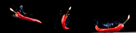 Chilli peppers isolated. Spicy chile cayenne pepper collection with abstract fog or steam mist...