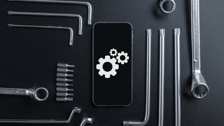 Mobile repair service. Technician workplace with phone and special repairing tools. Electronics repair service, device production conceptのeditorial素材