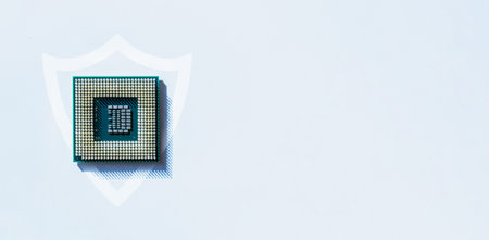 Internet security. Digital computer processor, network motherboard chip on white technology...