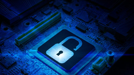 Privacy secure. Network security technology with computer processor chip on digital motherboard...