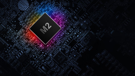 M2 processor chip. Network digital technology with computer cpu chip on dark motherboard background....
