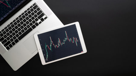 Financial report. Finance application for sell, buy and analysis profit dividend statistics. Investment business technology app on digital screen. Job application backgroundの写真素材