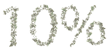 Us dollar. American money, falling cash number 10. Flying hundred dollars isolated on white...