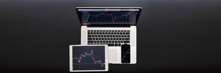 Screen sell. Investment business technology app on digital screen. Finance application for sell, buy...