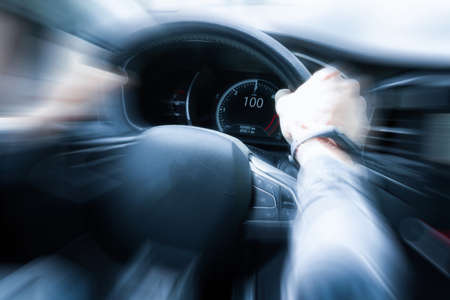 Speed car. Speedometer, tachometer on vehicle dashboard panel. Fast car interiorの写真素材