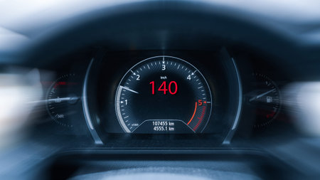 Speed car. Speedometer, tachometer on vehicle dashboard panel. Fast car interior