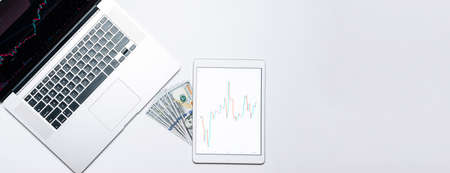 Data analysis. Finance application for sell, buy and analysis profit dividend statistics. Investment business technology app on digital screen. Online success background with copy space.の写真素材