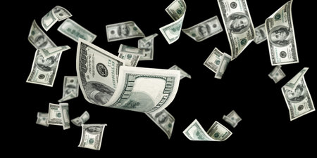 Dollar sign. American money. Cash black background, us bill. Money falling