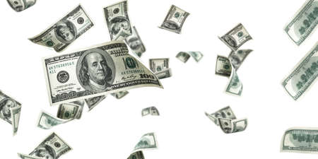 Money stack. Hundred dollars of America. Falling money isolated, us bill white backgroundの写真素材