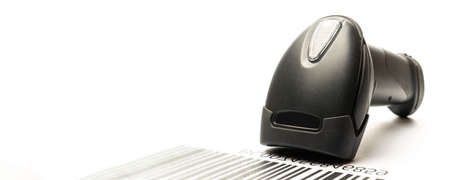 Barcode scanning. Reader laser scanner for warehouse. Retail label barcode scan isolated on white background. Warehouse inventory managementの写真素材