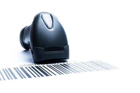 Barcode background. Reader laser scanner for warehouse. Retail label barcode scan isolated on white background. Product code data conceptの写真素材