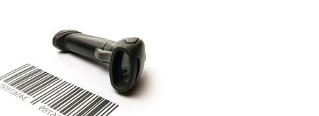 Barcode scanning. Reader laser scanner for warehouse. Retail label barcode scan isolated on white background. Warehouse inventory managementの写真素材