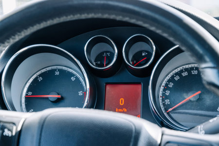 Speed background. Car dashboard panel with speedometer, tachometer. Fast vehicle, no limit concept