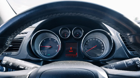 Speed background. Car dashboard panel with speedometer, tachometer. Fast vehicle, no limit conceptの写真素材
