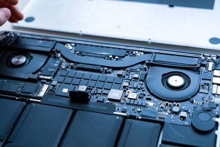 Maintenance pc. Maintenance repair engineer support. Computer technician service with laptop on...