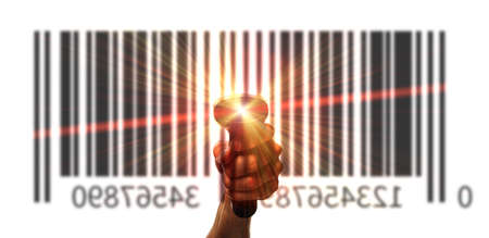Barcode concept. Retail label barcode scan. Reader laser scanner for warehouse holding hand. Warehouse inventory managementの写真素材