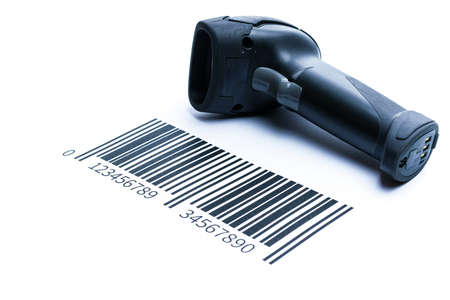 Barcode scanning. Reader laser scanner for warehouse. Retail label barcode scan isolated on white background. Warehouse inventory managementの写真素材