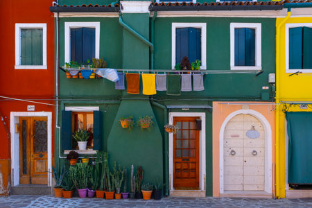 Burano italy. Venice island color street. Paint building house in travel Europe Venezia city. Venice Province, Veneto Region, Northern Italyのeditorial素材