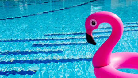 Beach flamingo. Pink inflatable flamingo in water for summer beach background. Pool float partyの写真素材
