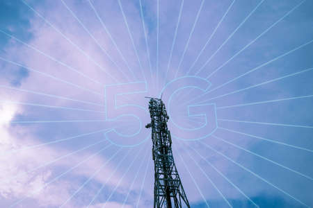 Network wireless. Radio telecommunication tower cellular antenna. Mobile cell phone communication technology. 5g wireless for internet transmission, signal telephoneの写真素材