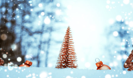 New year decorations. Christmas holiday tree, golden balls in new year ornament decoration on white winter snow. Merry xmas holiday card patternの写真素材