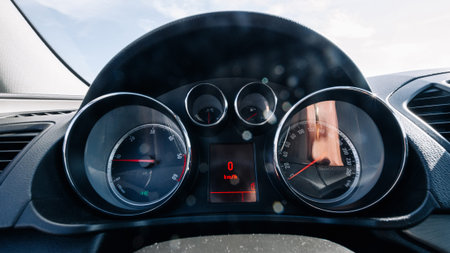 Speed background. Car dashboard panel with speedometer, tachometer. Fast vehicle, no limit concept