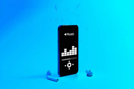 Music icon. Audio equipment with beats, sound headphones, music application on mobile smartphone screen. Radio recording sound voice on blue gradient background. Broadcast media music conceptの写真素材
