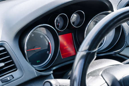 Speed background. Car dashboard panel with speedometer, tachometer. Fast vehicle, no limit conceptの写真素材