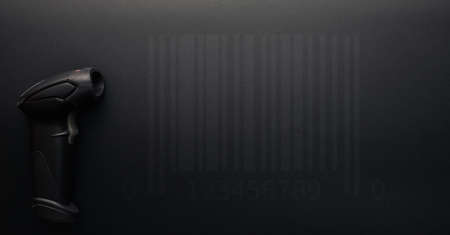 Barcode reader. Retail label barcode scan. Reader laser scanner for warehouse on black background. Inventory product business technologyの写真素材