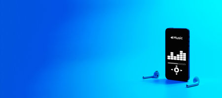 Music application. Mobile smartphone screen with music app, sound headphones. Audio voice with radio beats on blue gradient. Recording studio or podcasting banner with copy spaceの写真素材