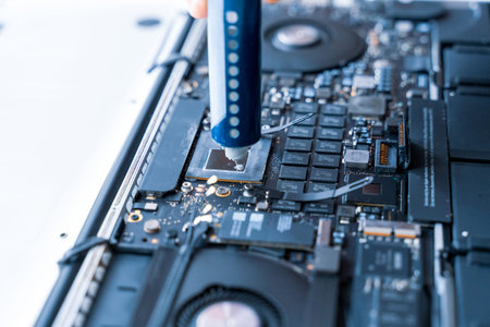 Maintenance pc. Maintenance repair engineer support. Computer technician service with laptop on...