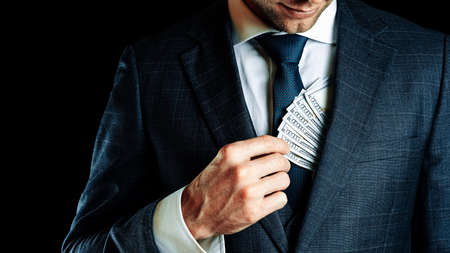 Dollar bill. Business man hand holding Washington American cash. Usd money backgroundの写真素材
