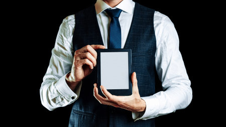 Ebook template. Digital book, library reader tablet in business man hand. Online learning, home...