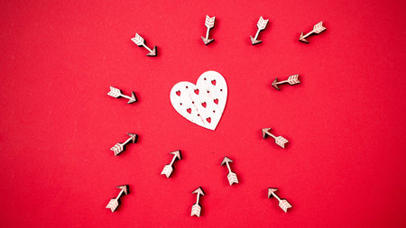 Valentine card. Red heart, romantic gift on love red background with copy space. Valentines day gift...