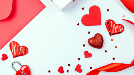 Valentine card. Red heart, romantic gift on love white background with copy space. Valentines day...